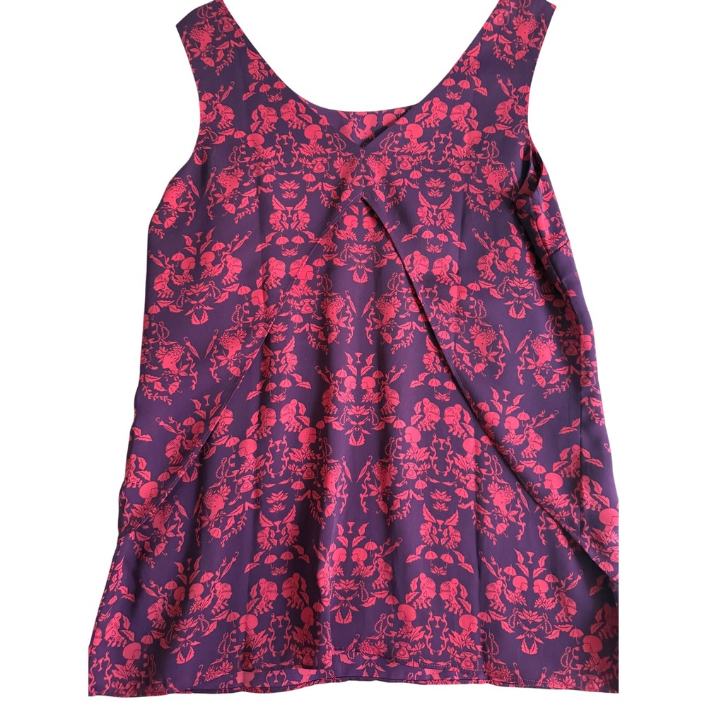 Cabi 3258 Purple Pink Novelty Print V-Neck Tulip Back Sleeveless Blouse Small